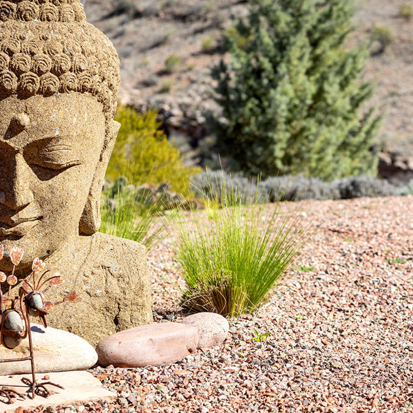 Meditating Buddha head outdoor statue for holistic addiction recovery