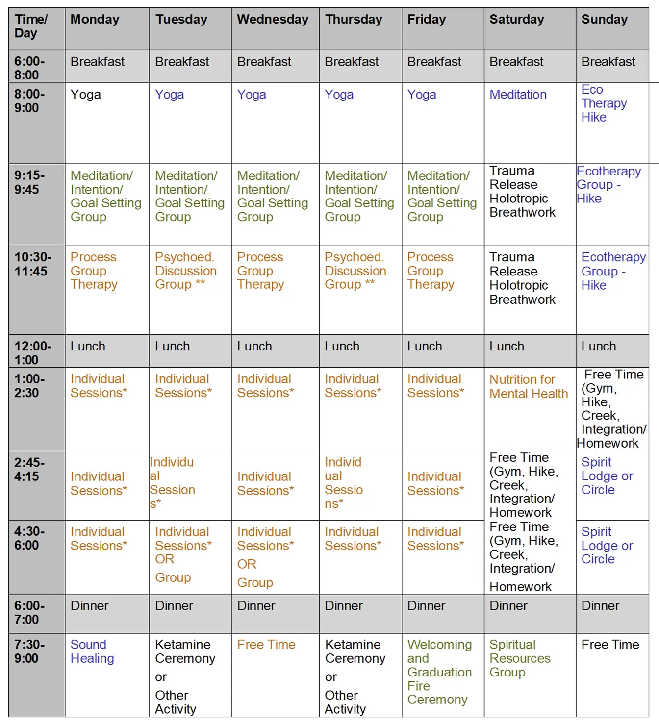 Sanctuary Weekly Schedule