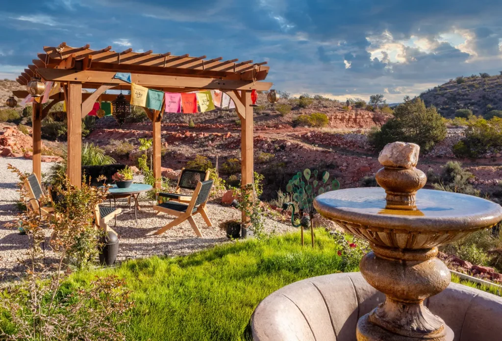 pagoda and fountain in sanctuary at sedona court yard